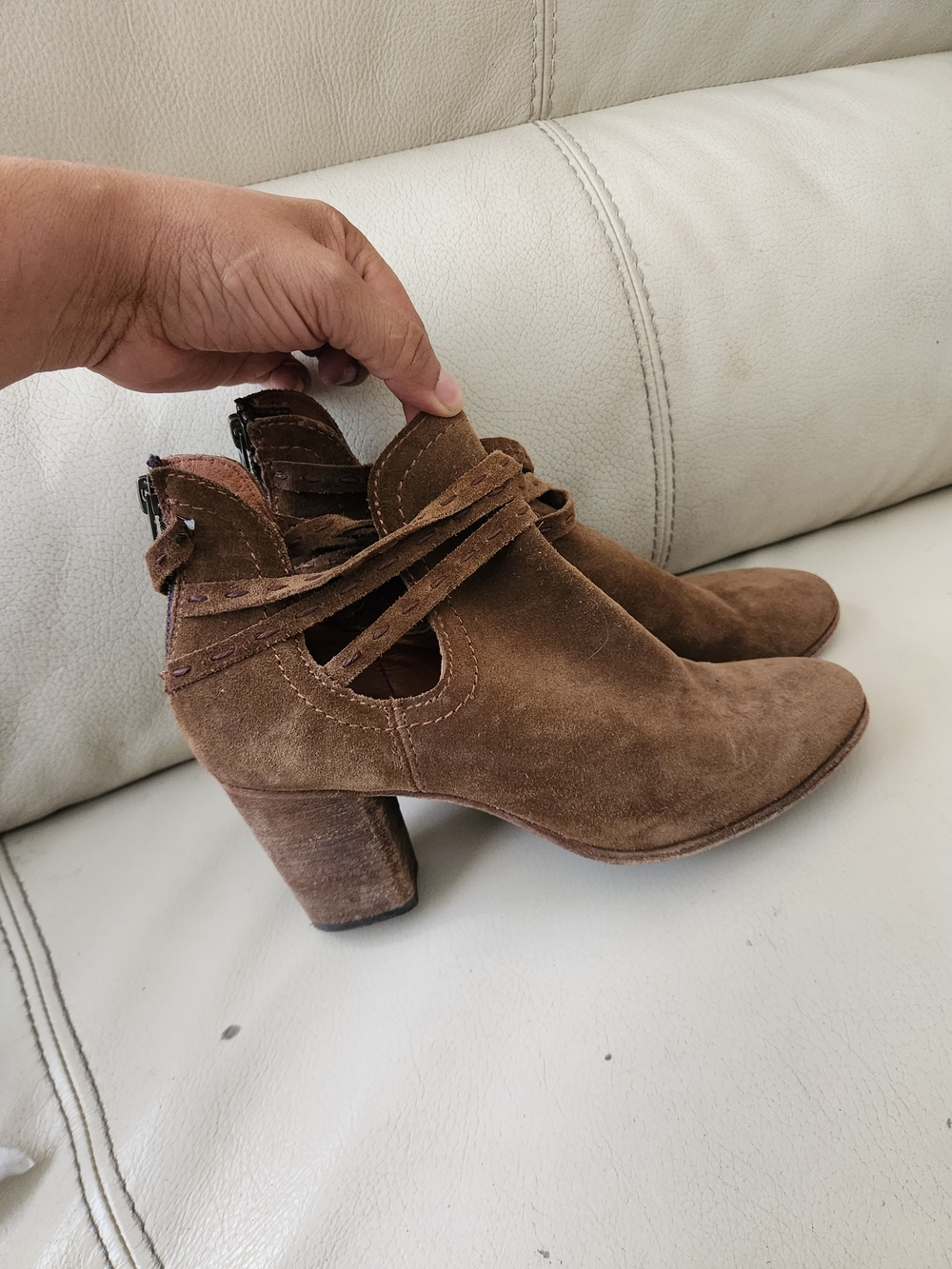 Frye Brown Suede Cutout Strap Ankle Boots